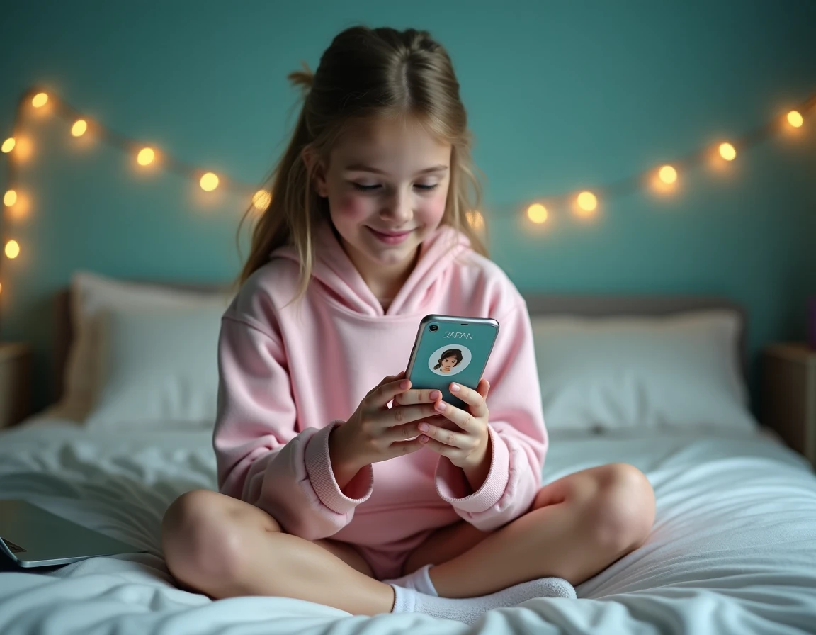 Adolescente dans sa chambre consultant un outil pour voir et agrandir une photo de profil Instagram sur mobile