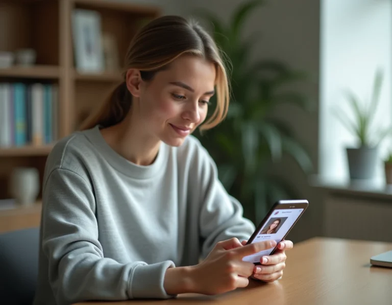 Jeune femme zoomant sur une photo de profil Instagram depuis son smartphone dans un bureau à domicile