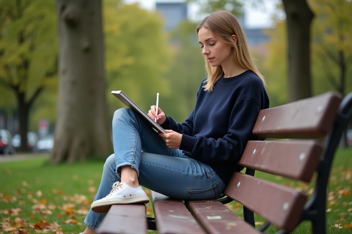 Jeune femme artiste dessinant dans un parc urbain