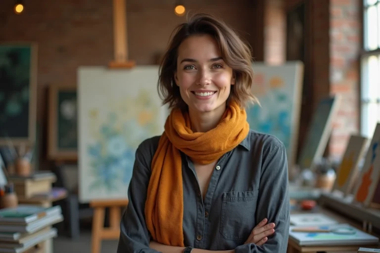Femme artiste dans son studio avec toile en cours