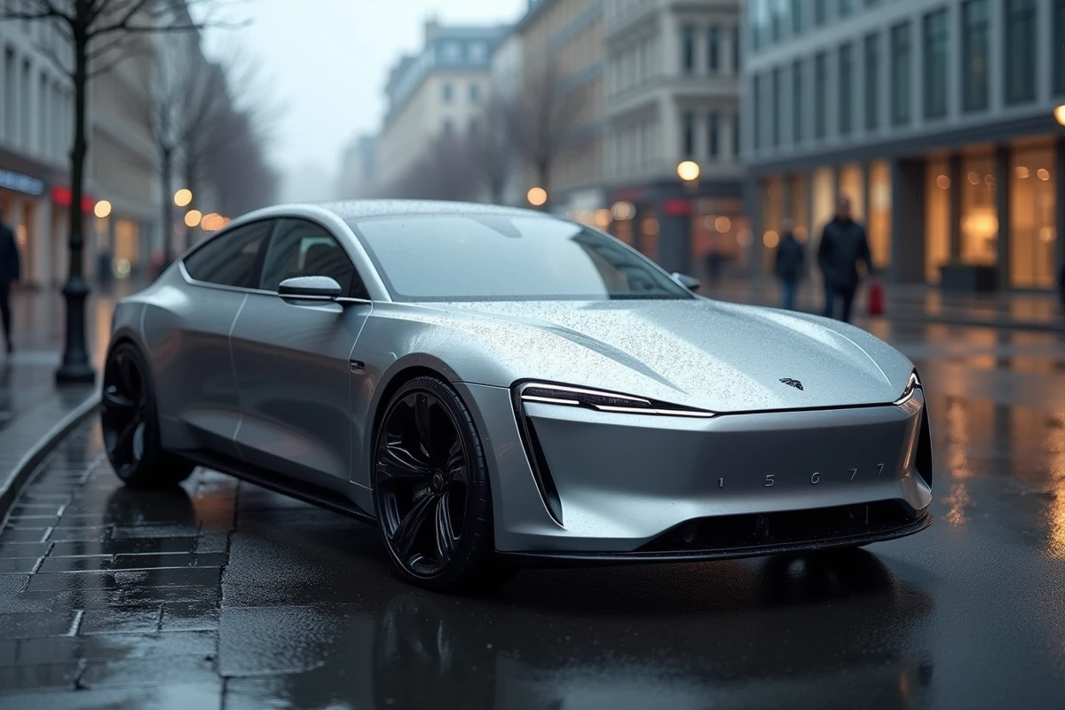 Nouvelle berline électrique 2024 garée sur une rue urbaine mouillée reflétant les bâtiments modernes