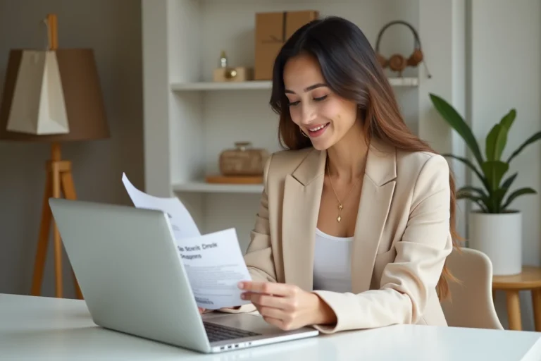 Femme utilisant un bon d'achat Galeries Lafayette en ligne sur son ordinateur portable à son bureau
