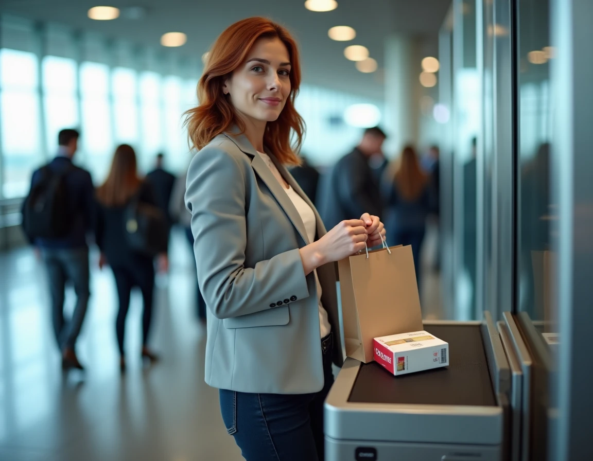 Femme déposant des cartouches de cigarettes duty-free sur un tapis de contrôle dans un aéroport international