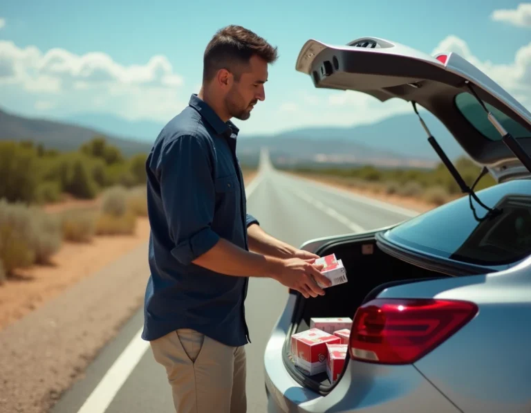 Homme rangeant des cartouches de cigarettes dans le coffre d'une voiture avant de rentrer d'Espagne