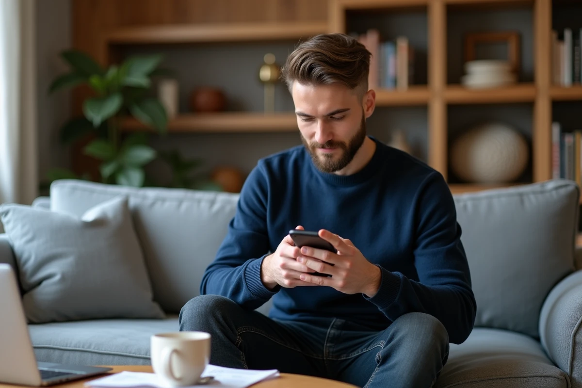 Homme consultant son cashback sur application mobile Galeries Lafayette depuis son canapé