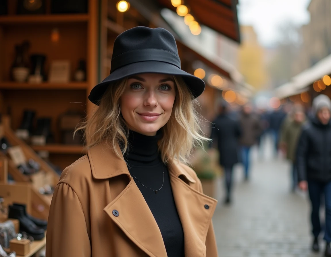 Femme portant un bucket hat en laine noire dans un marché vintage en automne, tendance accessoires mode saison