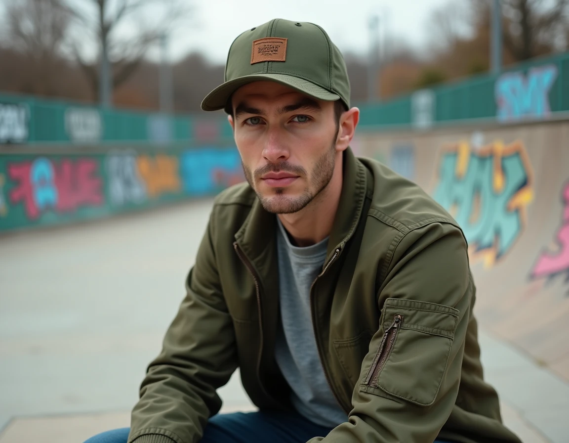 Homme en casquette cinq panneaux vert olive dans un skatepark urbain, look streetwear tendance saison