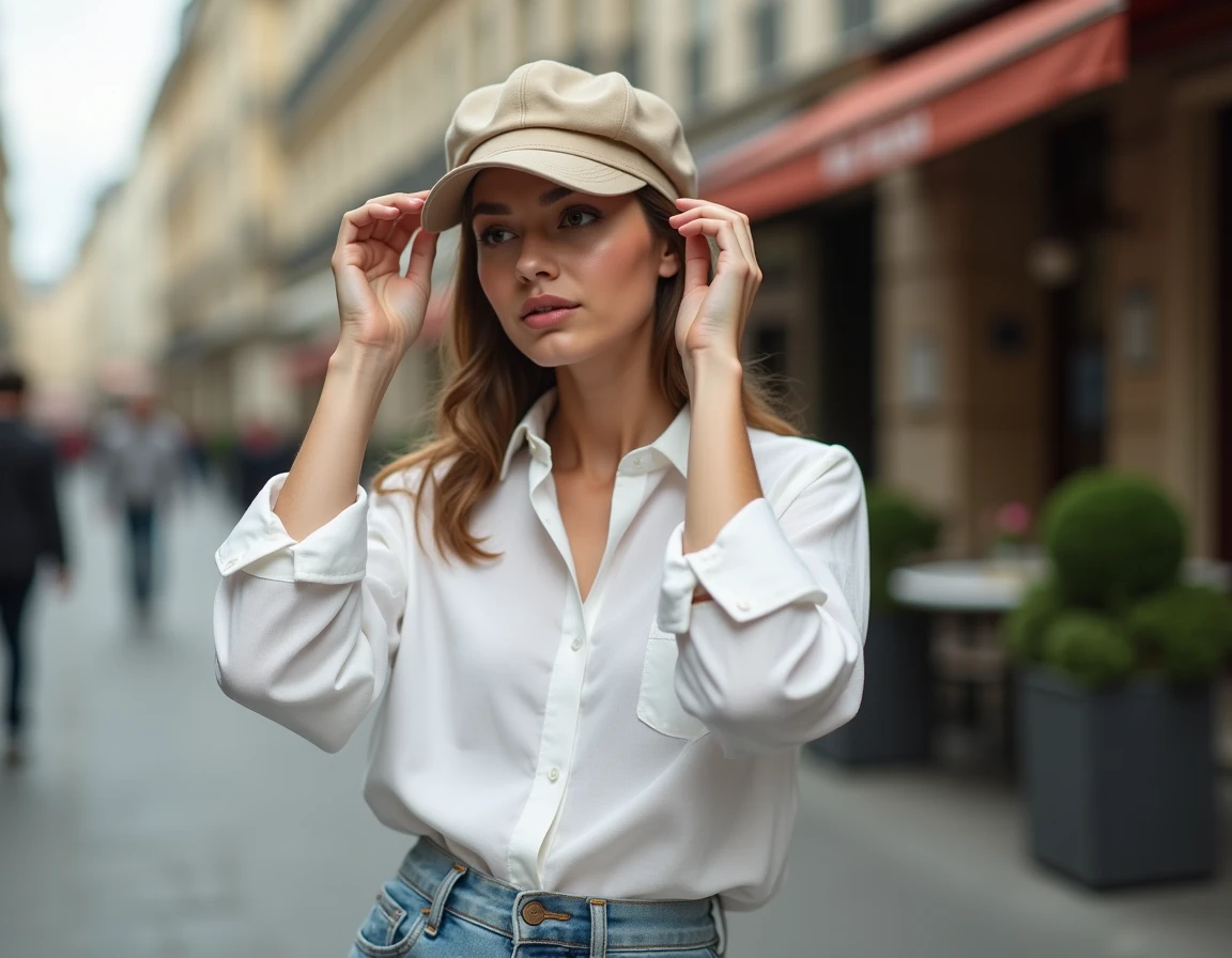 Jeune femme portant une casquette dad cap beige structurée dans une rue parisienne, style urbain tendance printemps-été