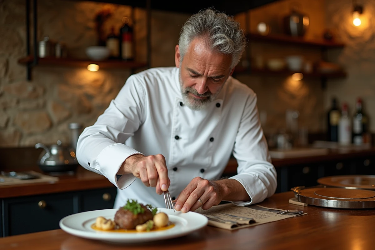 Chef français en blanc dressant un plat de poulet au vin jaune