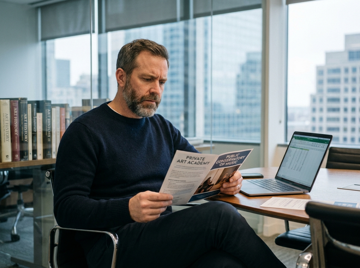 Homme adulte comparant des brochures de formations artistiques privées et publiques dans un bureau moderne
