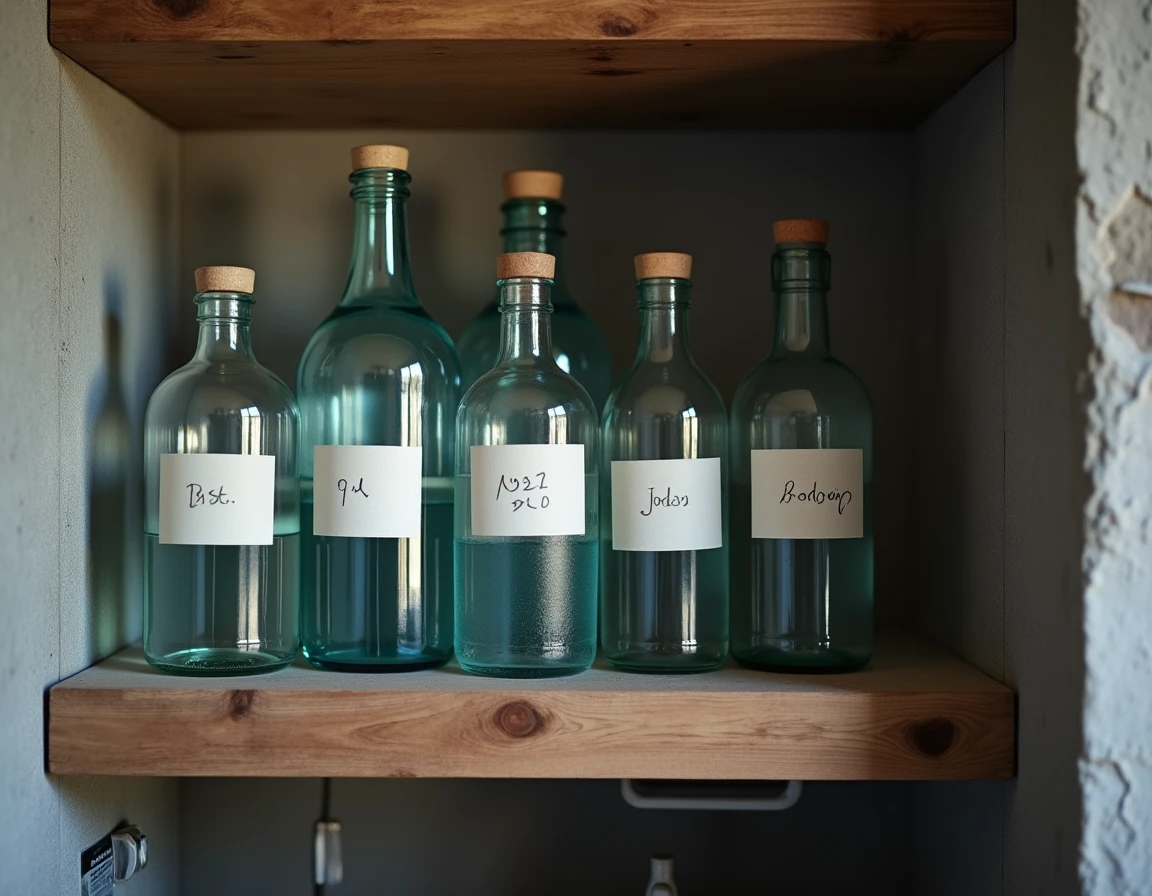 Bouteilles en verre remplies d'eau de pluie stockées sur une étagère en bois dans une cave