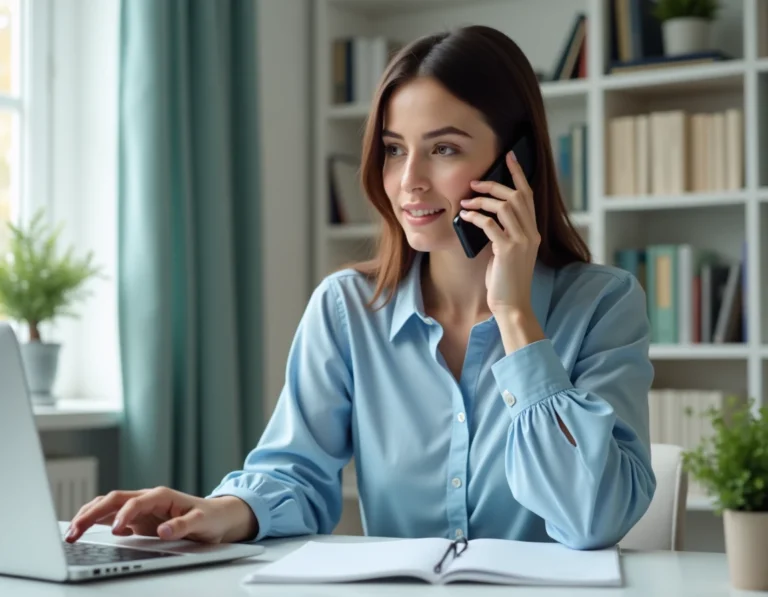 Femme contactant le service client Transavia par téléphone depuis son bureau à domicile