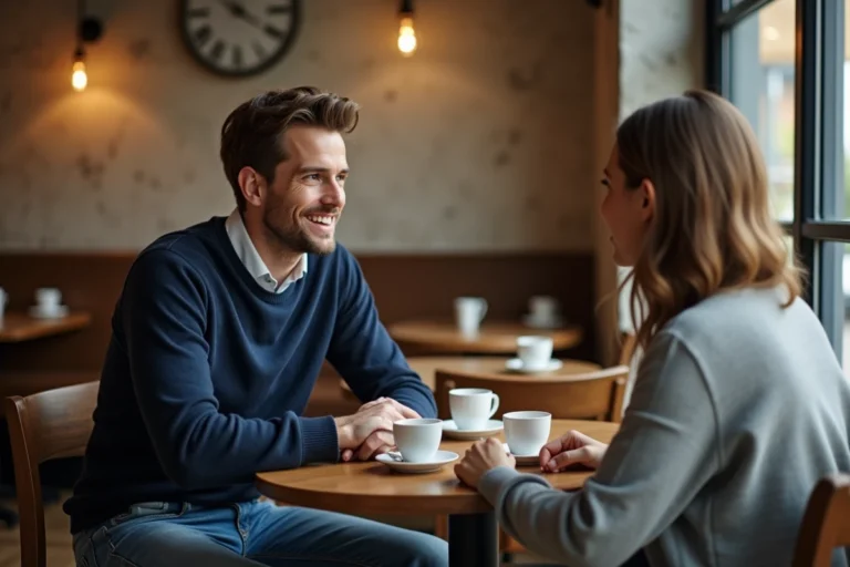 Homme et femme discutent dans un café chaleureux