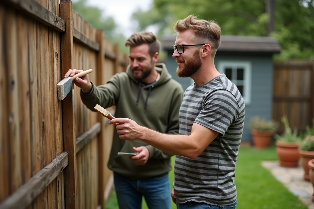 Couple entretenant une clôture en bois dans le jardin en appliquant une lasure protectrice lors de travaux extérieurs