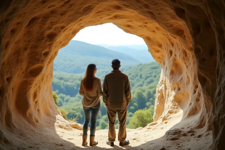 Couple visitant l'entrée d'une grotte préhistorique en Ardèche avec peintures rupestres visibles sur les parois