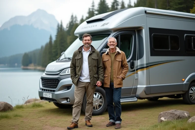 Couple mature devant un camping-car luxe au bord du lac