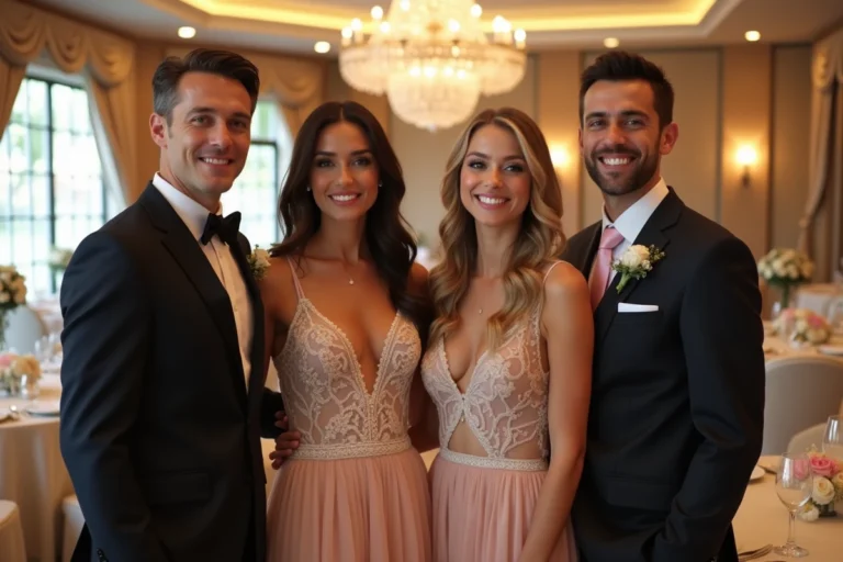 Quatre couples élégants lors d'une réception de mariage