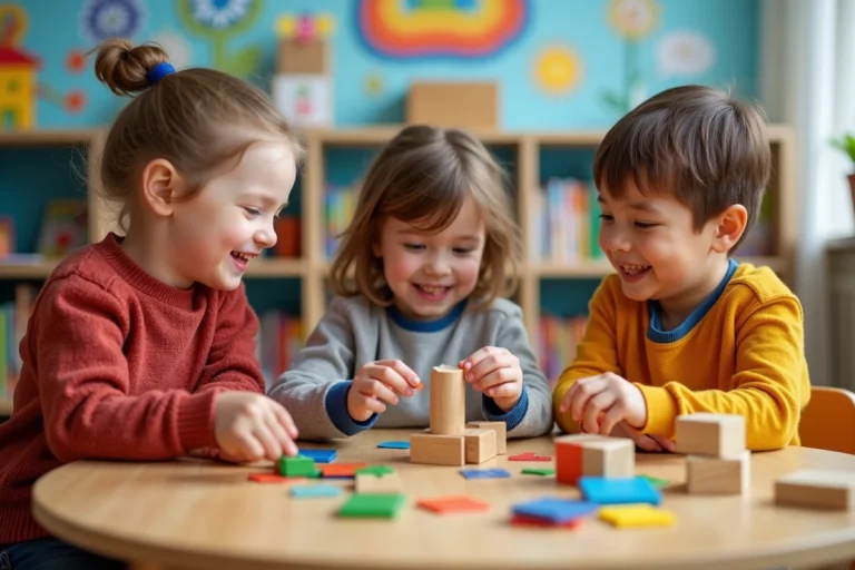 Trois enfants jouent avec des blocs éducatifs dans une classe colorée