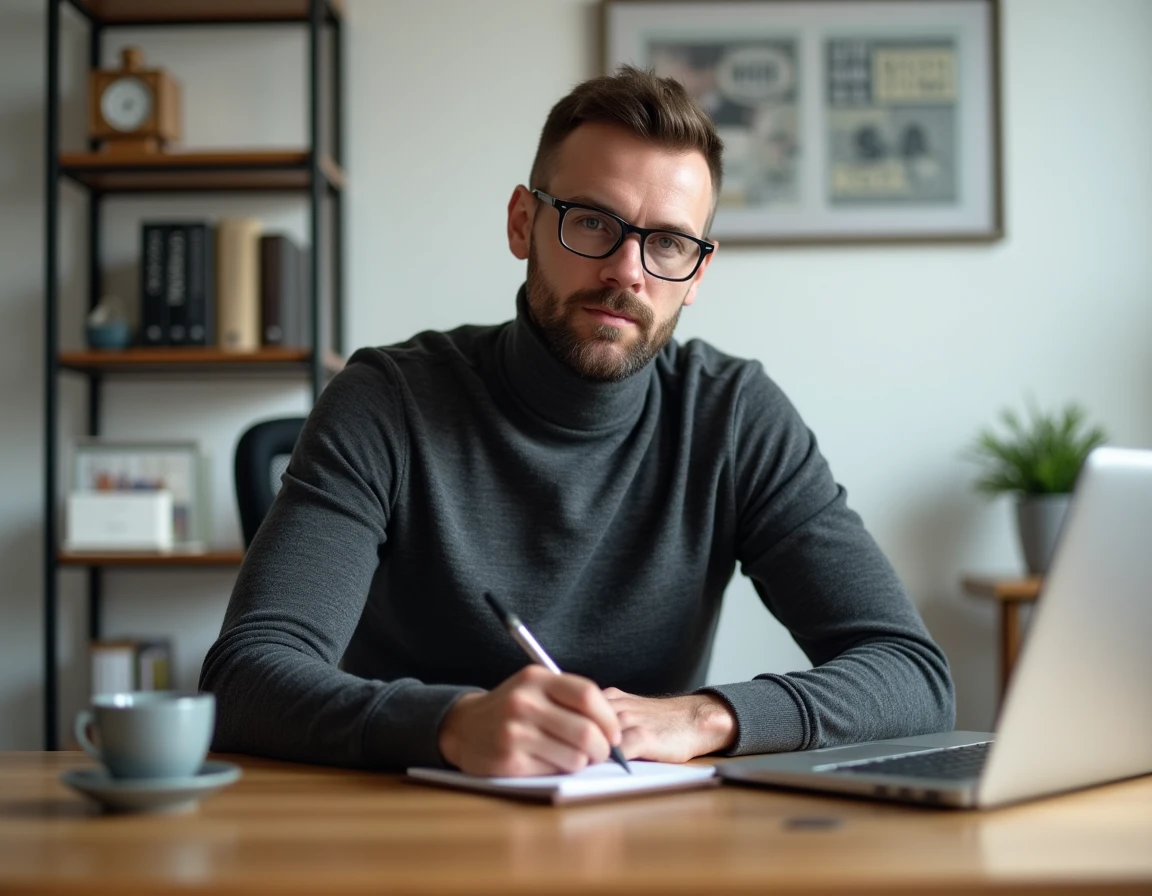 Entrepreneur concentré rédigeant ses objectifs business dans un carnet en cuir dans un bureau à domicile minimaliste