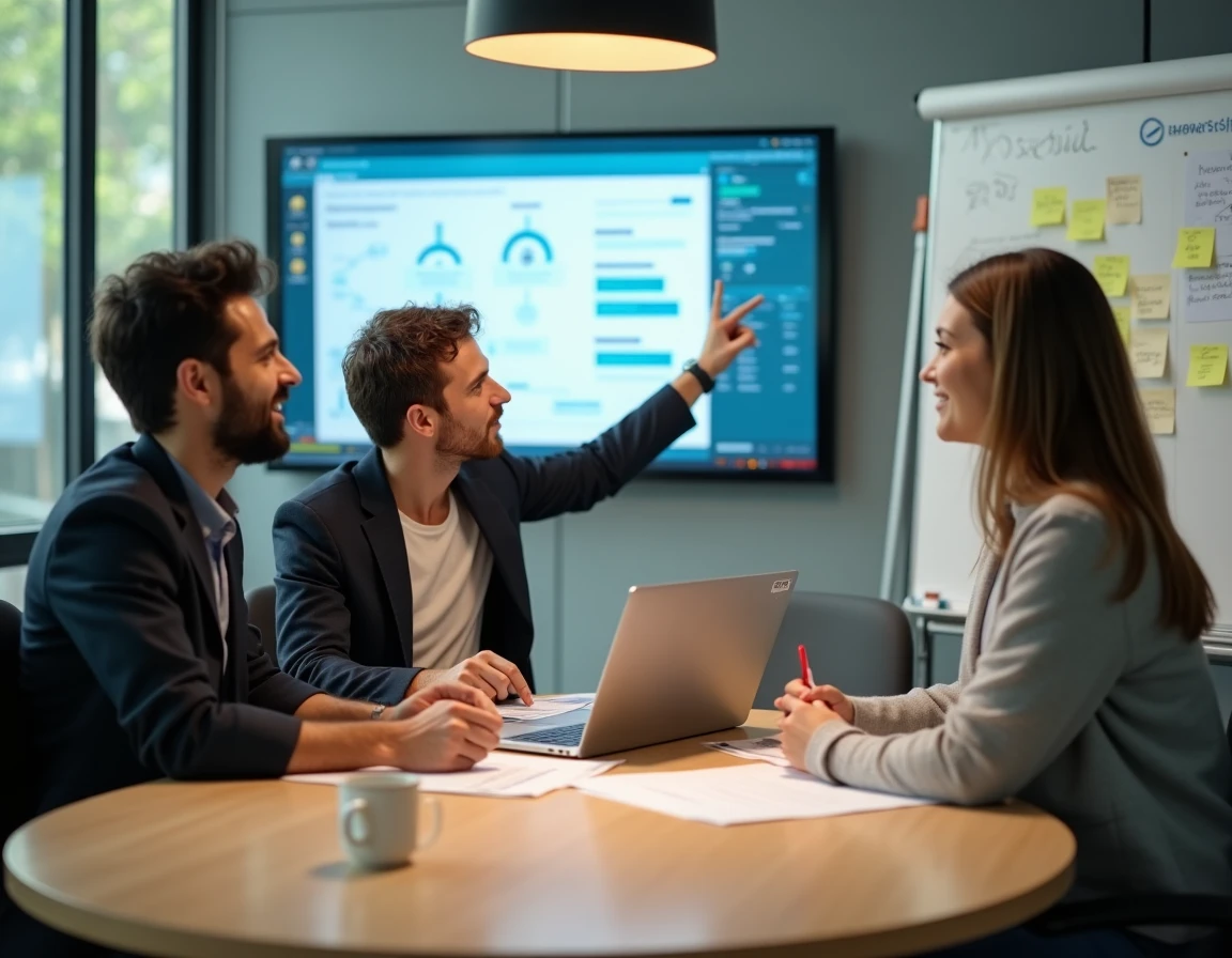 Équipe de collègues collaborant autour de services numériques innovants lors d'une réunion stratégique en entreprise