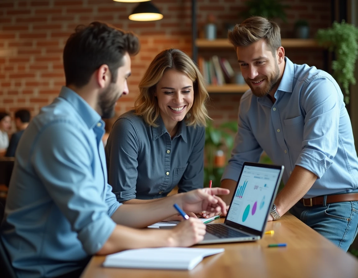 Équipe de professionnels collaborant autour d'un tableau de bord numérique dans un espace de coworking dynamique