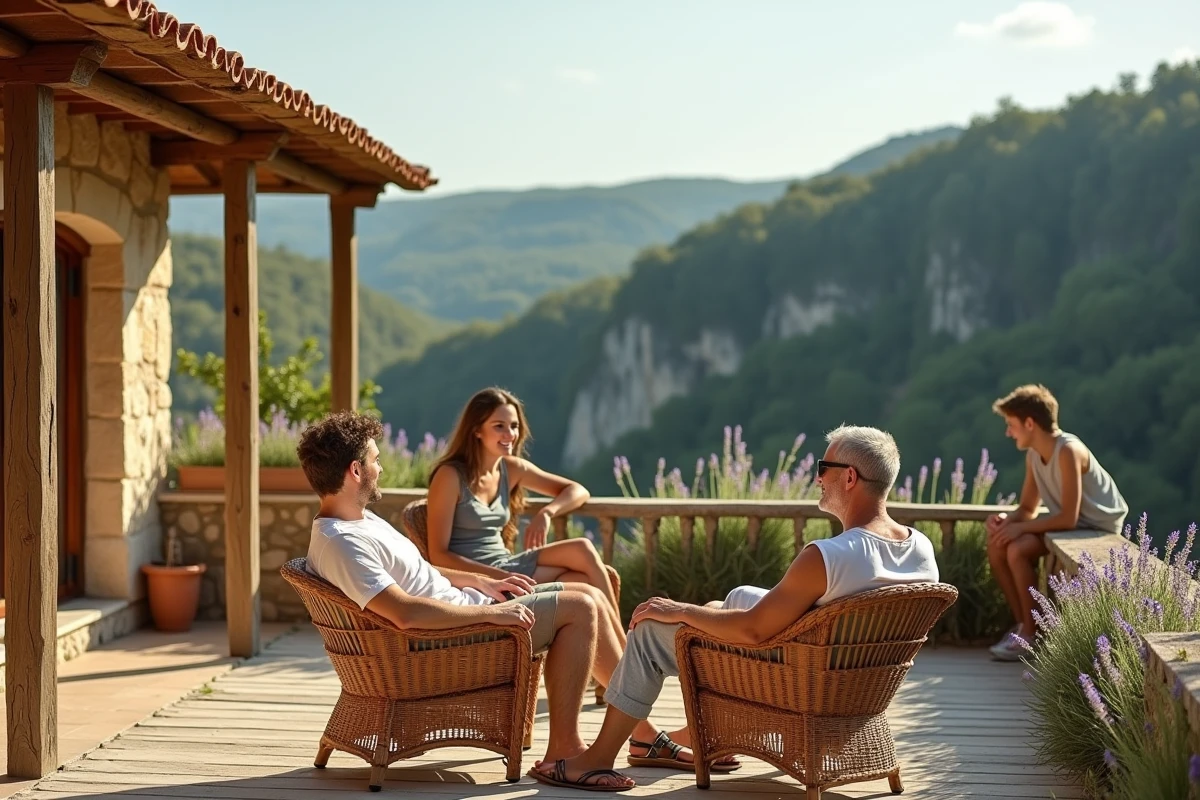 Famille en vacances sur la terrasse d'un gîte en pierre avec vue sur les gorges de l'Ardèche