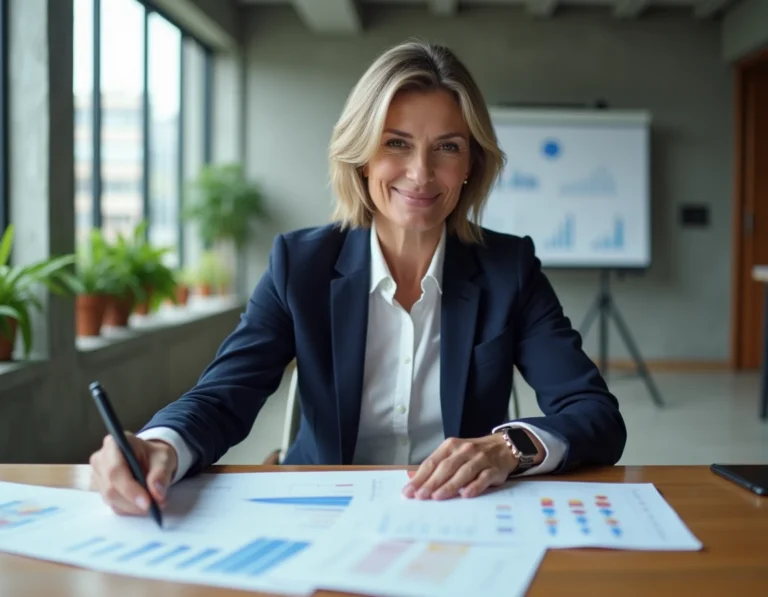 Femme d'affaires analysant des graphiques de performance dans un bureau moderne pour booster la réussite de son entreprise