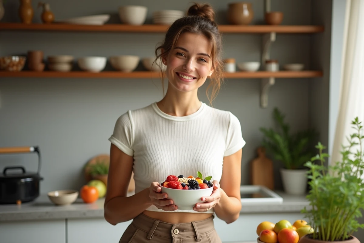 Jeune femme préparant un smoothie bowl healthy dans une cuisine moderne, bien-être et alimentation équilibrée au quotidien