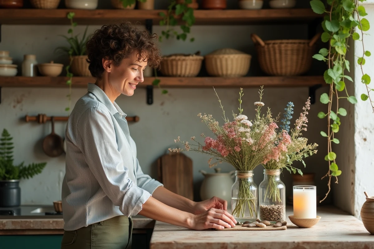 Femme arrangeant des bocaux en verre recyclés avec des fleurs séchées et des bougies sur une étagère de cuisine rustique pour décorer son intérieur