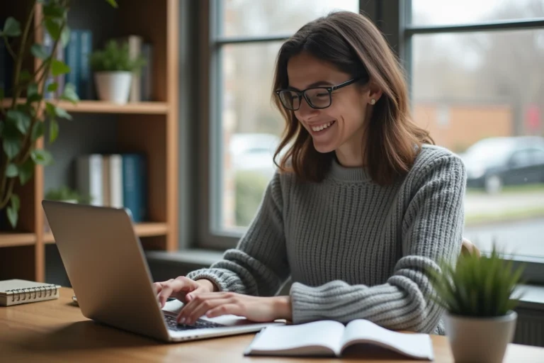 Femme au bureau moderne gérant ses finances personnelles