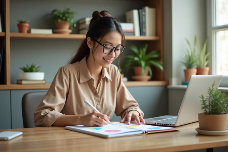 Jeune femme au bureau organisant des dossiers colorés