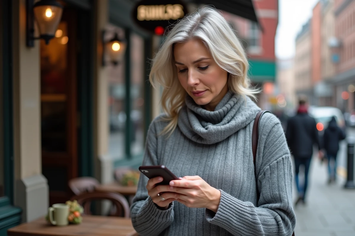 Femme dans une rue de ville examine son téléphone portable