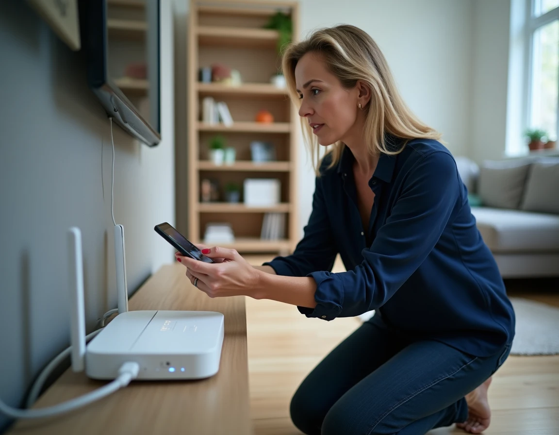 Femme configurant son routeur domestique en accédant à la page 192.168.1.1 depuis un smartphone dans le salon