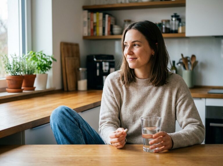 Femme en cuisine tenant un verre d'eau et capsule de supplement