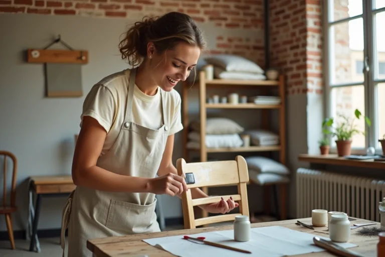 Femme peignant une chaise vintage en bois avec de la peinture craie dans un salon décoré avec des éléments DIY et des matériaux naturels