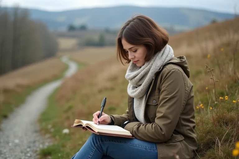 Femme écrivant dans un journal de voyage en plein air