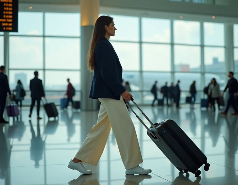 Femme élégante en tenue chic naviguant dans un terminal d'aéroport international avec une valise cabine