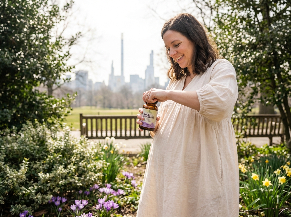 Femme enceinte dans un parc ouvrant une bouteille de supplements