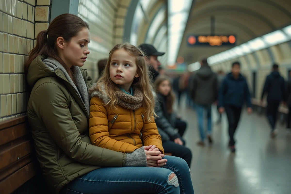 Femme et fille dans une station de métro animée