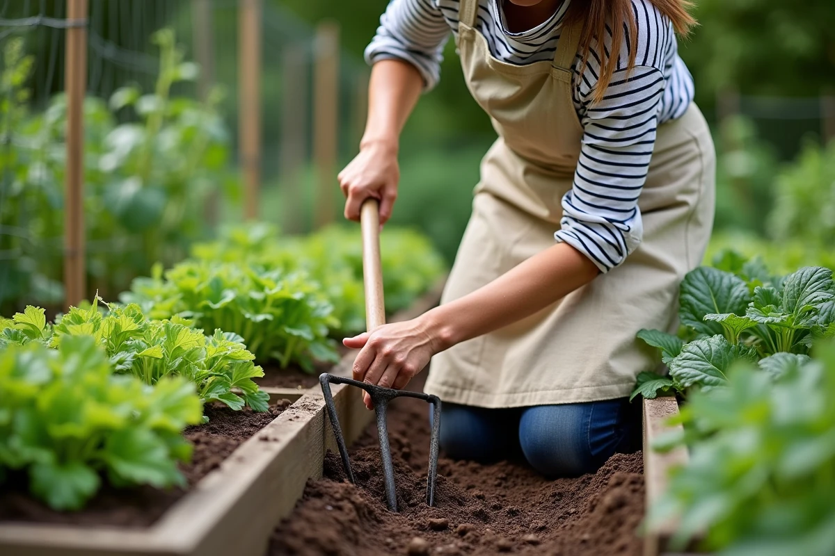 Femme utilisant une grelinette pour aérer le sol d'un potager biologique entouré de légumes et d'herbes aromatiques