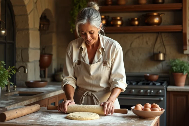Femme italienne préparant des pâtes fraîches maison sur un plan de travail en marbre dans une cuisine rustique toscane