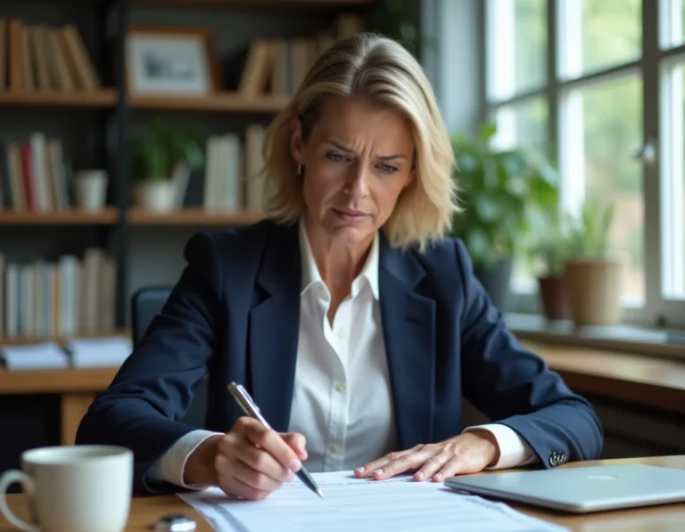 Femme professionnelle lisant attentivement un contrat immobilier IAD avant de le résilier