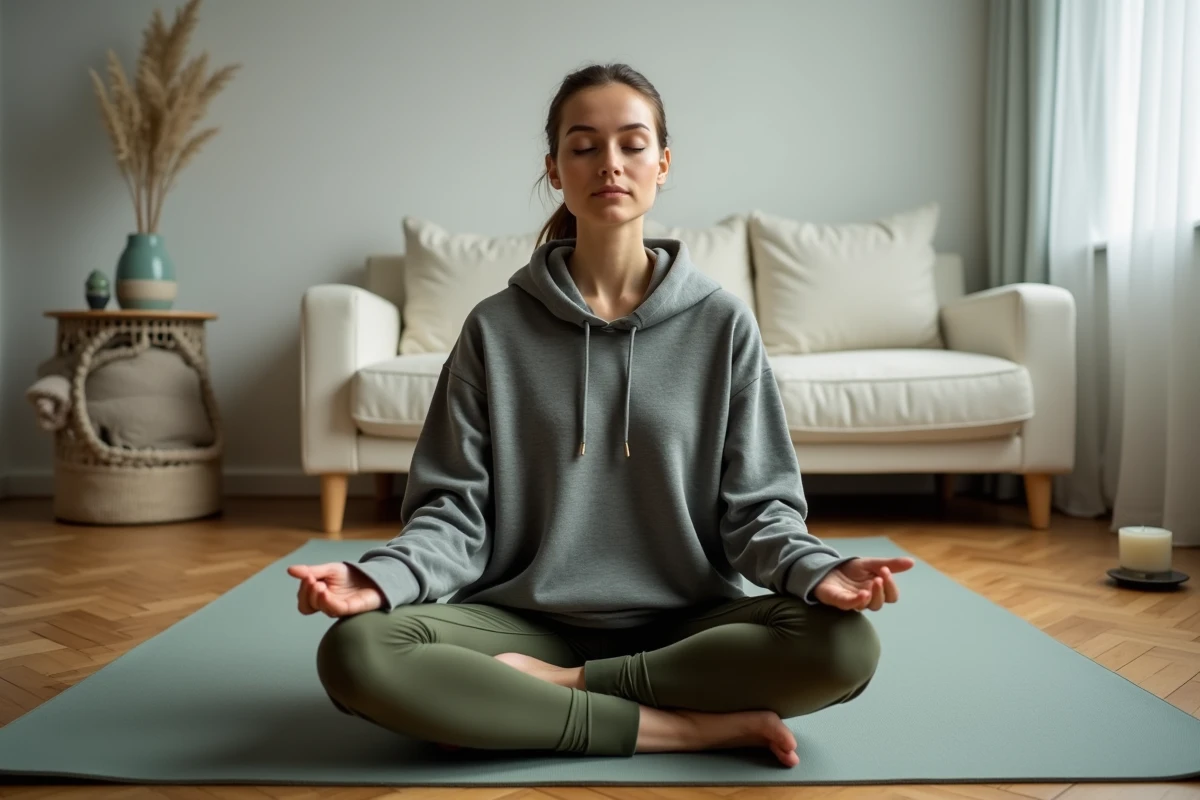 Femme en tenue de sport assise en méditation sur un tapis de yoga dans un salon minimaliste, rituel bien-être et pleine conscience
