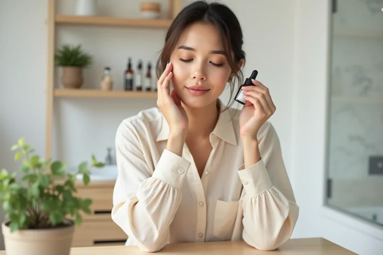 Femme moderne appliquant un sérum sur son visage dans une salle de bain épurée style scandinave, routine beauté quotidienne