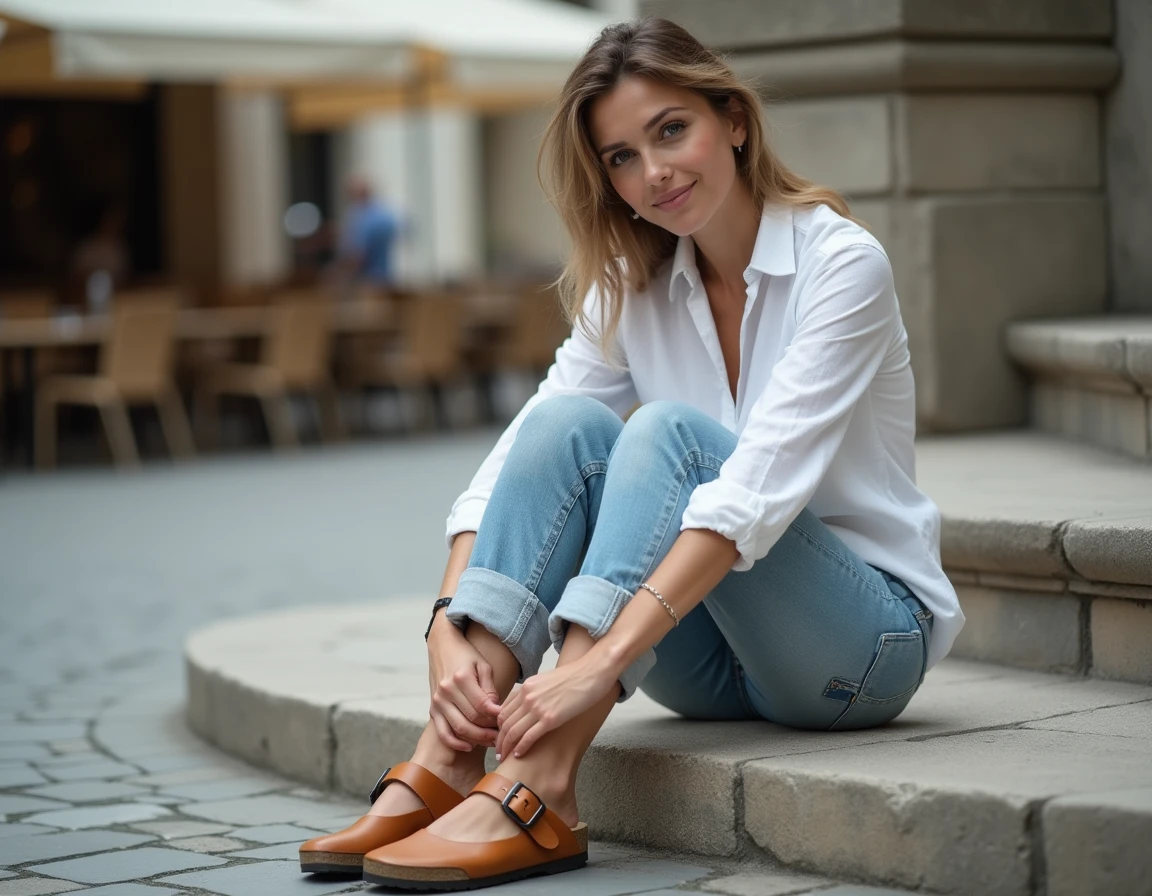 Femme portant des sabots Birkenstock Boston en cuir tan, assise sur des marches en pierre d'une place européenne, réglant la boucle de sa sandale