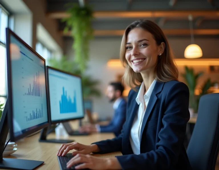 Femme professionnelle analysant des tableaux de bord numériques dans un espace de coworking moderne pour booster son activité en ligne