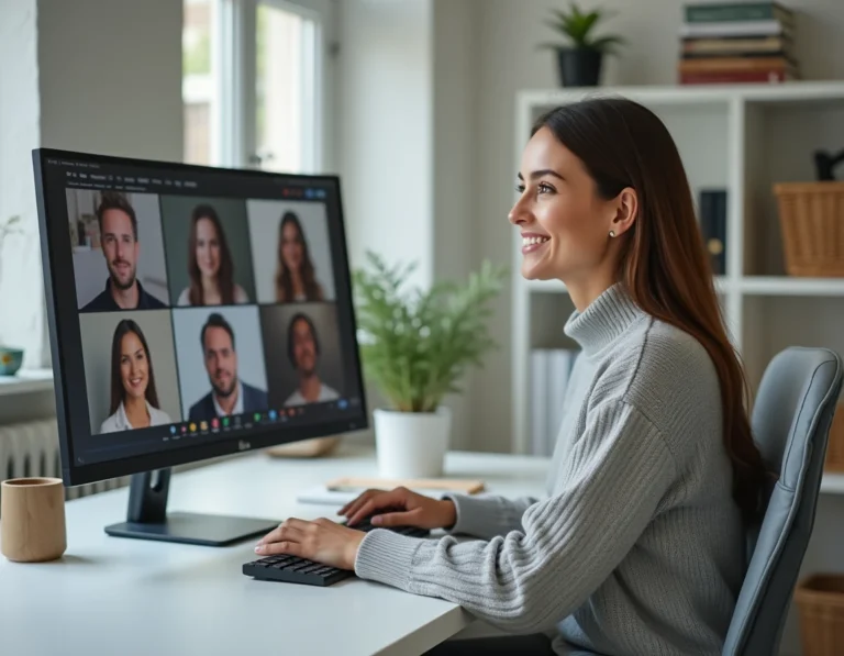 Femme en télétravail participant à une visioconférence sur un grand écran dans un bureau à domicile moderne