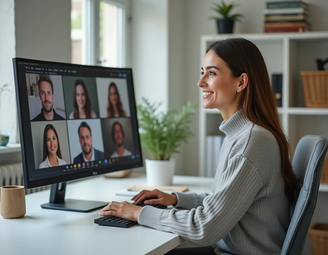 Femme en télétravail participant à une visioconférence sur un grand écran dans un bureau à domicile moderne