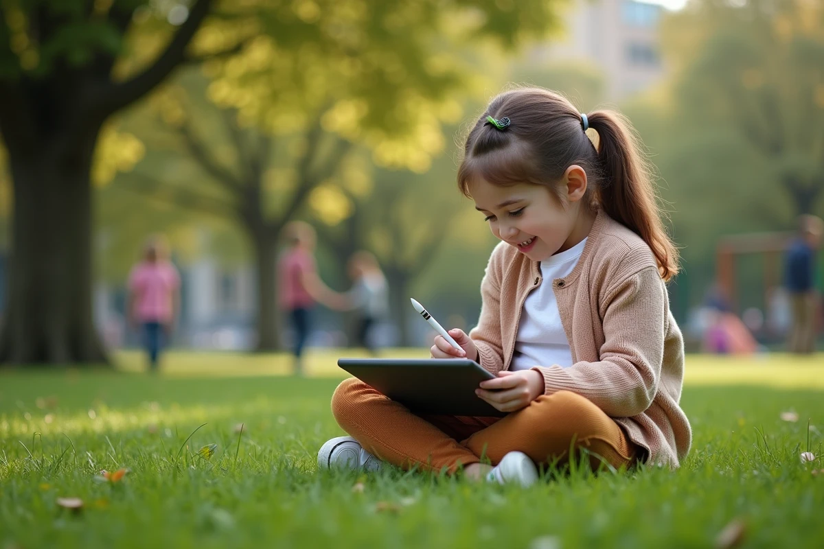 Jeune fille explore un jeu scientifique sur une tablette dans un parc