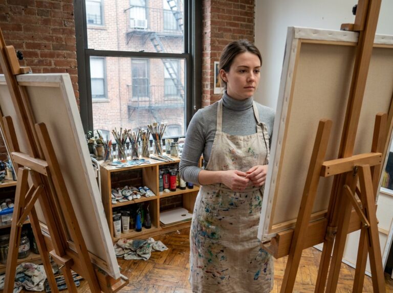 Jeune femme étudiant une toile dans un atelier d'art privé avec des murs en briques et du matériel de peinture